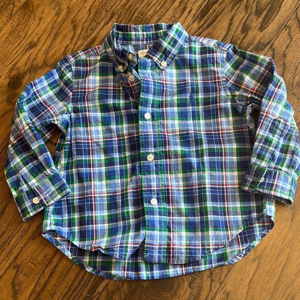 Ralph Lauren Blue and Green Plaid Button-Up Collared Kids Shirt - Picture 5 of 5